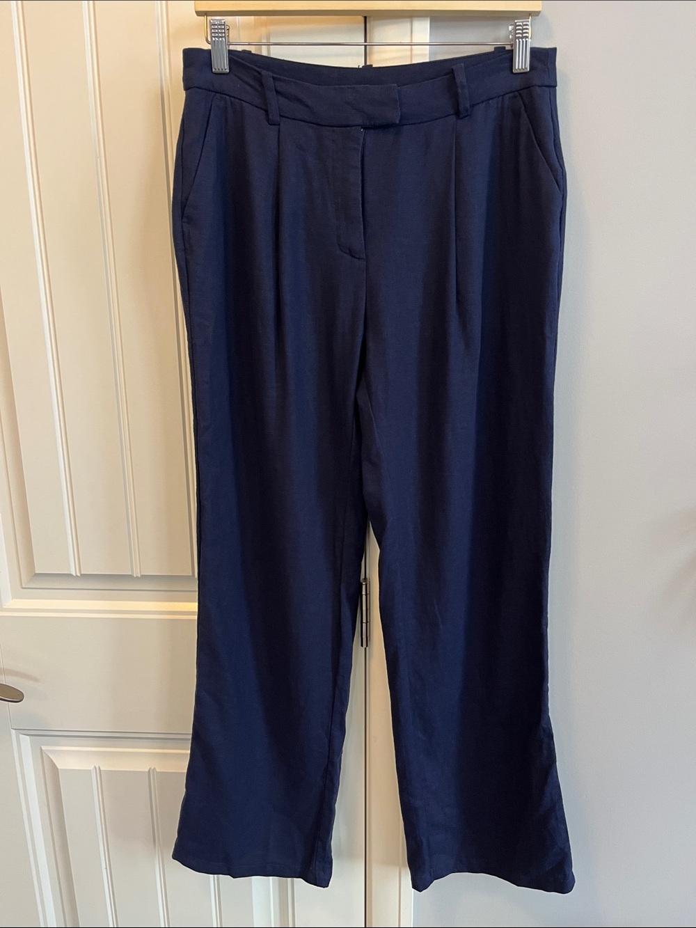 Linen Blend Wide-Leg Navy Women’s Pants 8